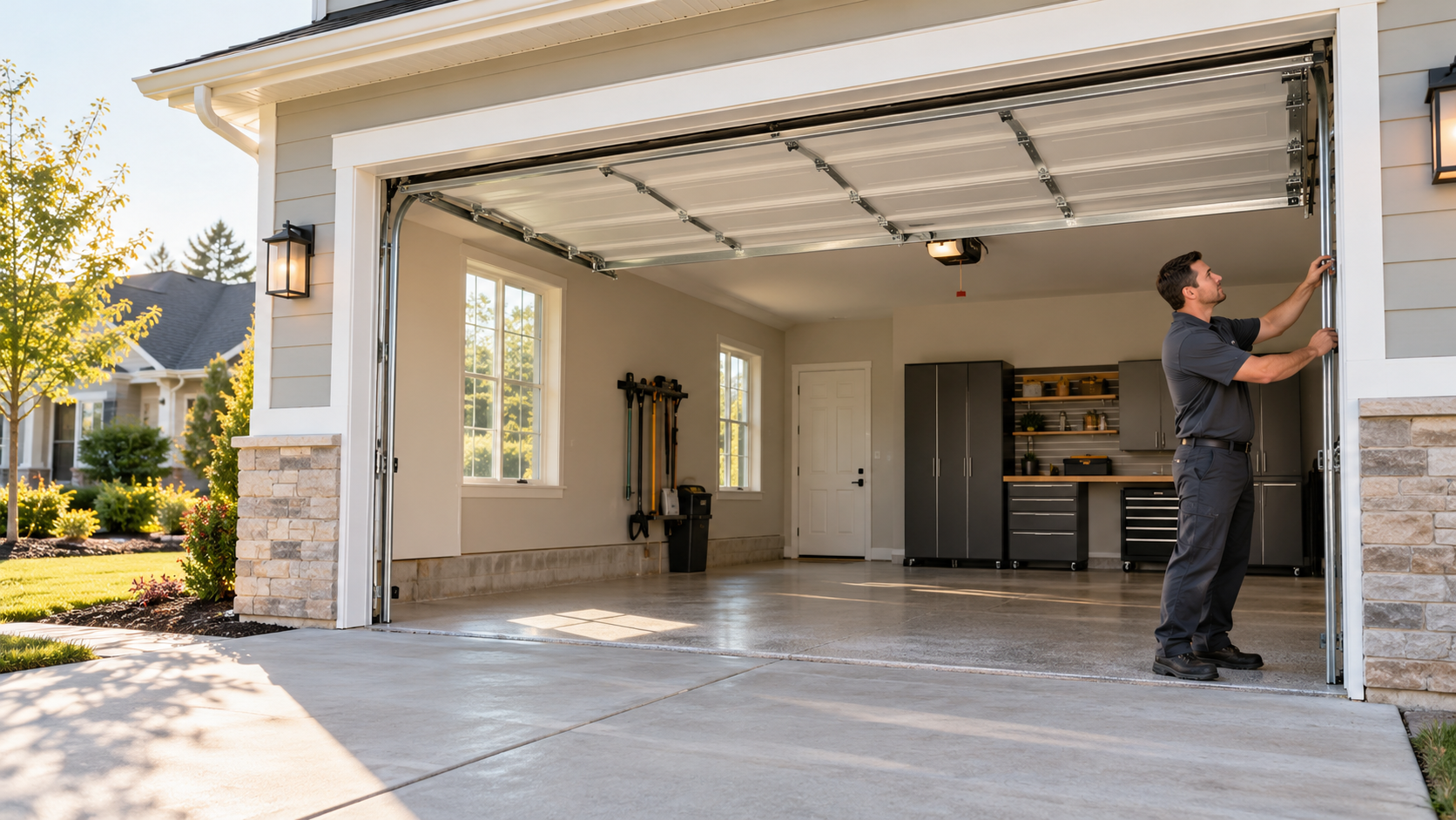 Illustrative image of a garage door technician inspecting a residential door